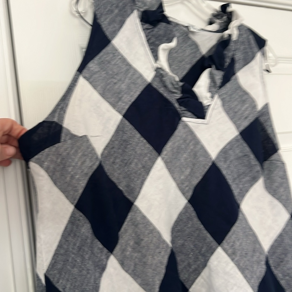 Crown and Ivy navy and white buffalo plaid ruffle neck linen dress - Picture 3 of 5